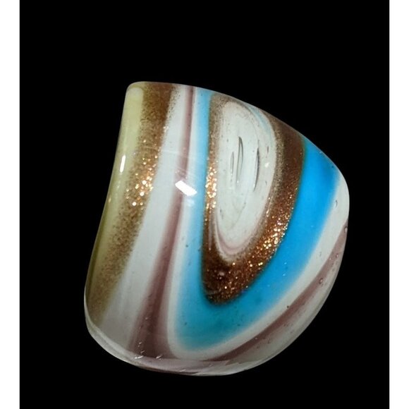 Lampwork Glass White Blue And Gold Tone Ring Size 7 - Picture 2 of 9